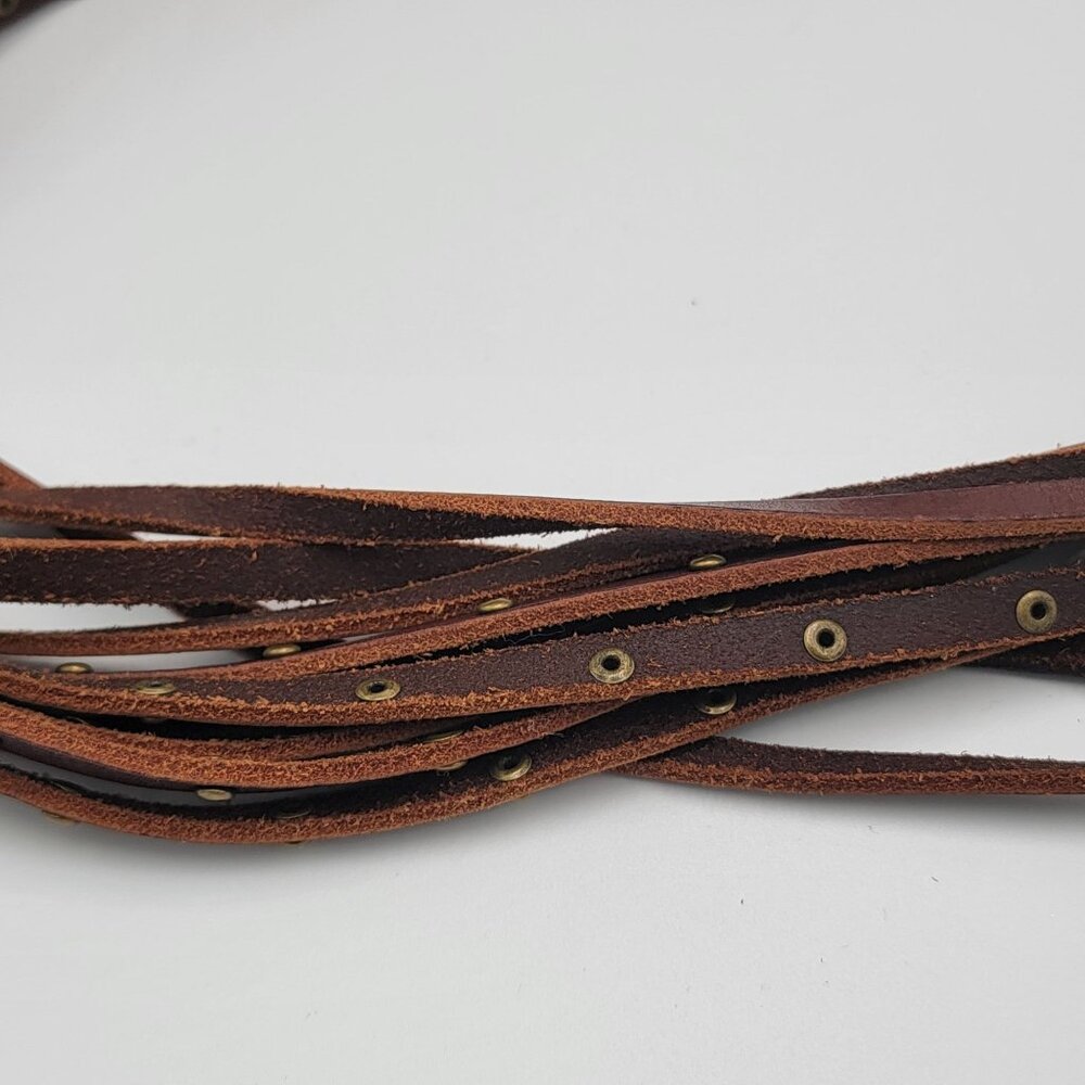Linea Pelle Brown Boho Leather Multi-Strap Belt With Brass Rivet Accents Adjusta - Picture 10 of 12